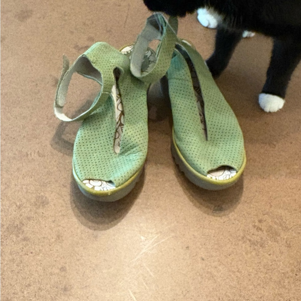 Fly London Olive Green Peep-Toe Shoes